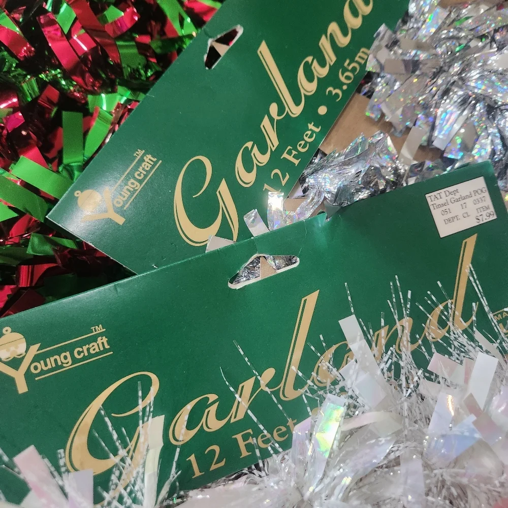 Bundle Of Deadstock Vtg Christmas 4 Garland 3 Tinsel Boxes MCM Y2K Sparkle